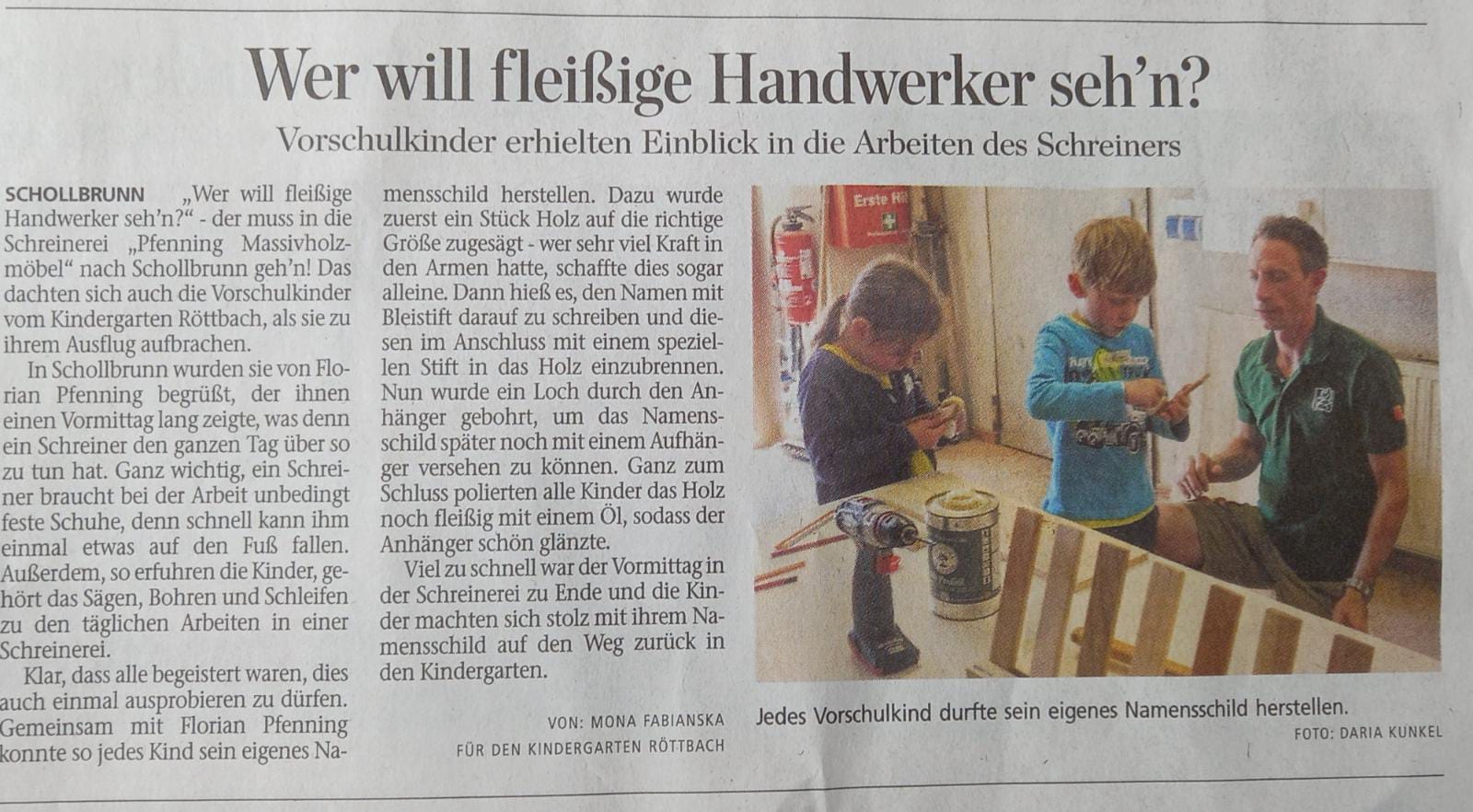 Main-Echo, Vorschüler, Vorschulbericht, Wer will fleißige Handwerker seh'n, Vorschüler aus Röttbach besuchen uns in der Werkstatt