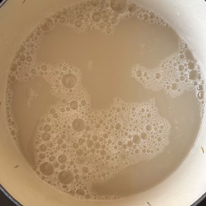 Ui. Der Sude des Fichtenwipfelgelees sieht nicht wirklich appetitlich aus. Er ist weißlich. Das ändert sich mit Gelierzucker aber!